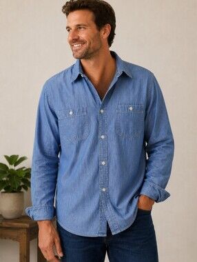 Men's Blue Chambray Button-Down Shirt. Size XL